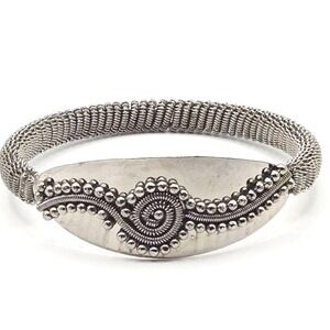 Vintage‎ Coiled Wire Silver Bangle | Spiral Bead Detail | Artisan Slip-On Cuff
